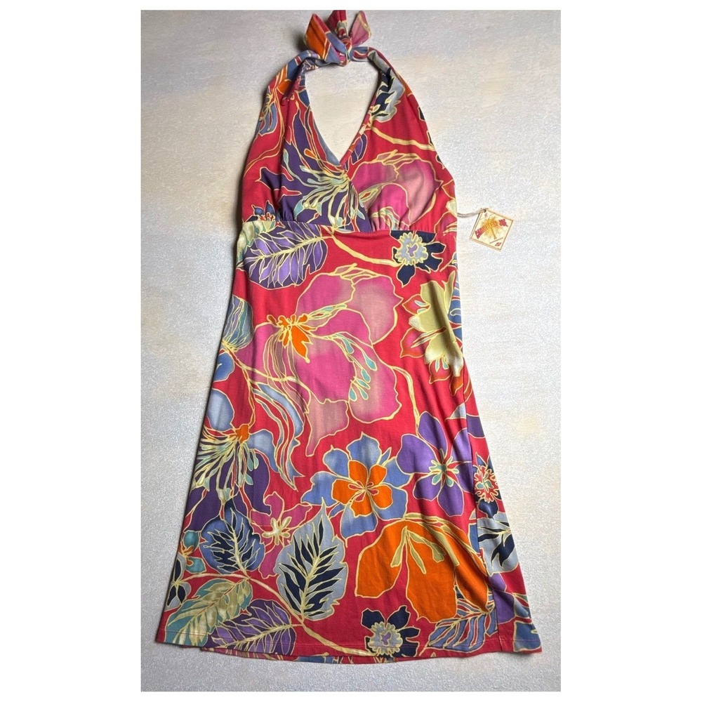 Caribbean Joe Womens Floral Halter Dress Red Tropical Summer Small -2441